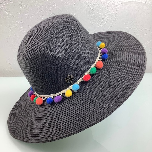 Sun N Sand Wide Rim Pom Pom Multicolor Black Straw Hat Size OSFM 22” EUC - Picture 1 of 12